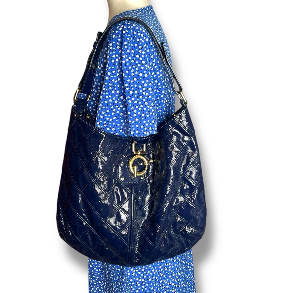 J.Crew Blue Quilted Patent Leather Buckle Close Shoulder Back Size Medium